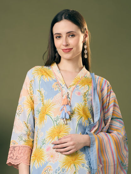 Abstract Floral Printed Schiffli Straight Kurta with Pant & Dupatta - Blue
