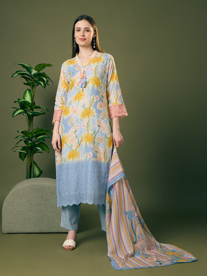 Abstract Floral Printed Schiffli Straight Kurta with Pant & Dupatta - Blue