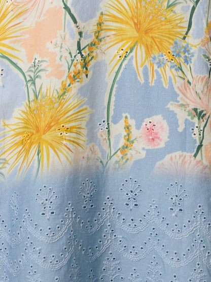 Abstract Floral Printed Schiffli Straight Kurta with Pant & Dupatta - Blue