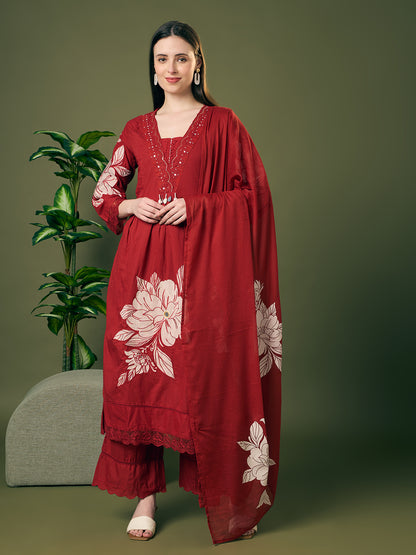 Floral Printed & Applique Embroidered A-Line Kurta with Palazzo and Dupatta - Maroon
