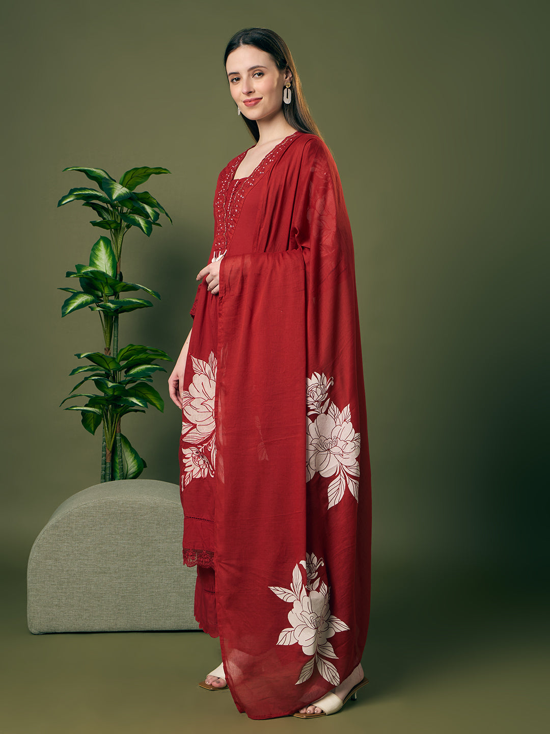 Floral Printed & Applique Embroidered A-Line Kurta with Palazzo and Dupatta - Maroon