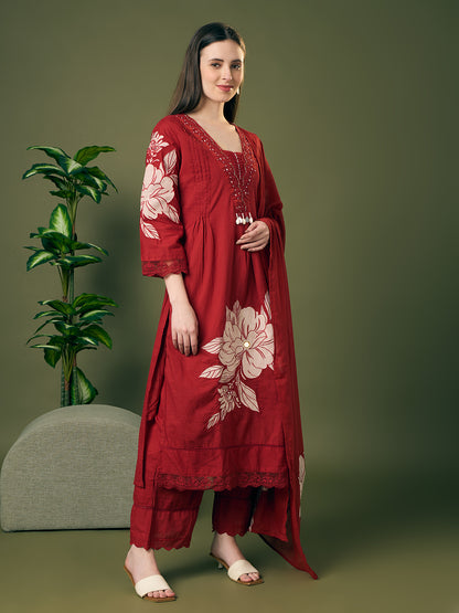Floral Printed & Applique Embroidered A-Line Kurta with Palazzo and Dupatta - Maroon