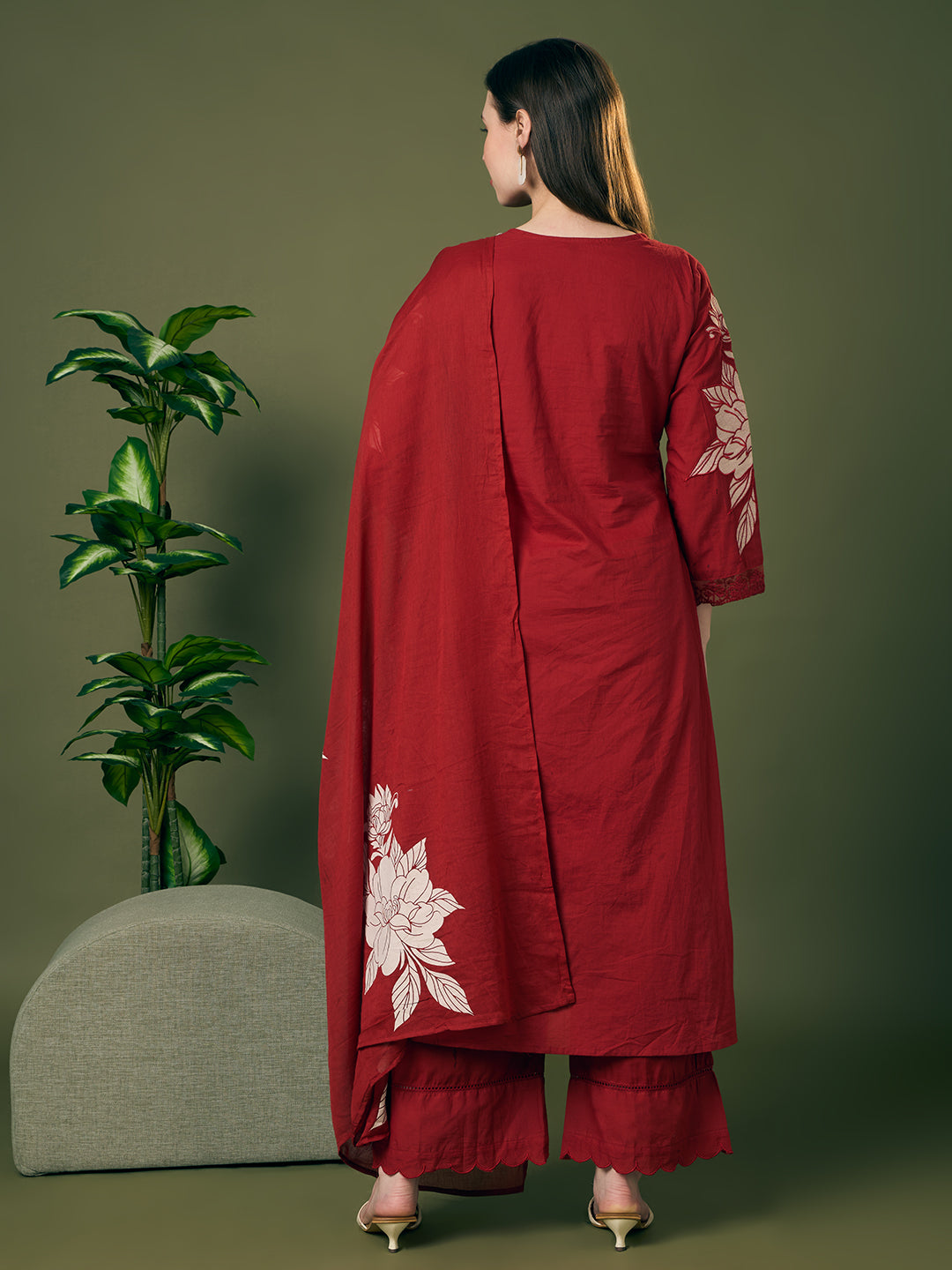 Floral Printed & Applique Embroidered A-Line Kurta with Palazzo and Dupatta - Maroon