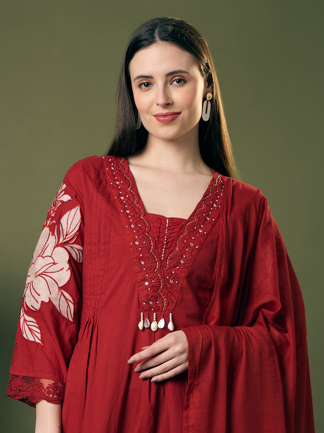 Floral Printed & Applique Embroidered A-Line Kurta with Palazzo and Dupatta - Maroon