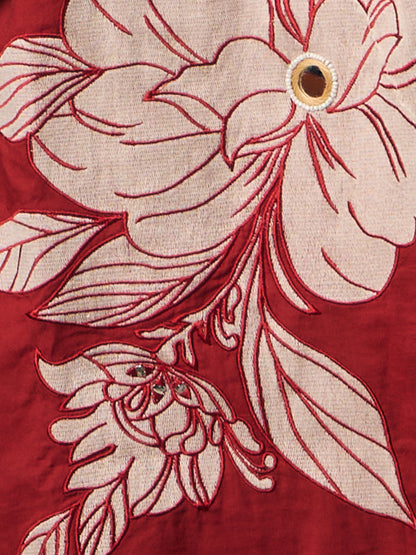Floral Printed & Applique Embroidered A-Line Kurta with Palazzo and Dupatta - Maroon