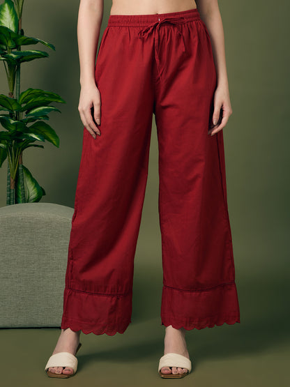 Floral Printed & Applique Embroidered A-Line Kurta with Palazzo and Dupatta - Maroon