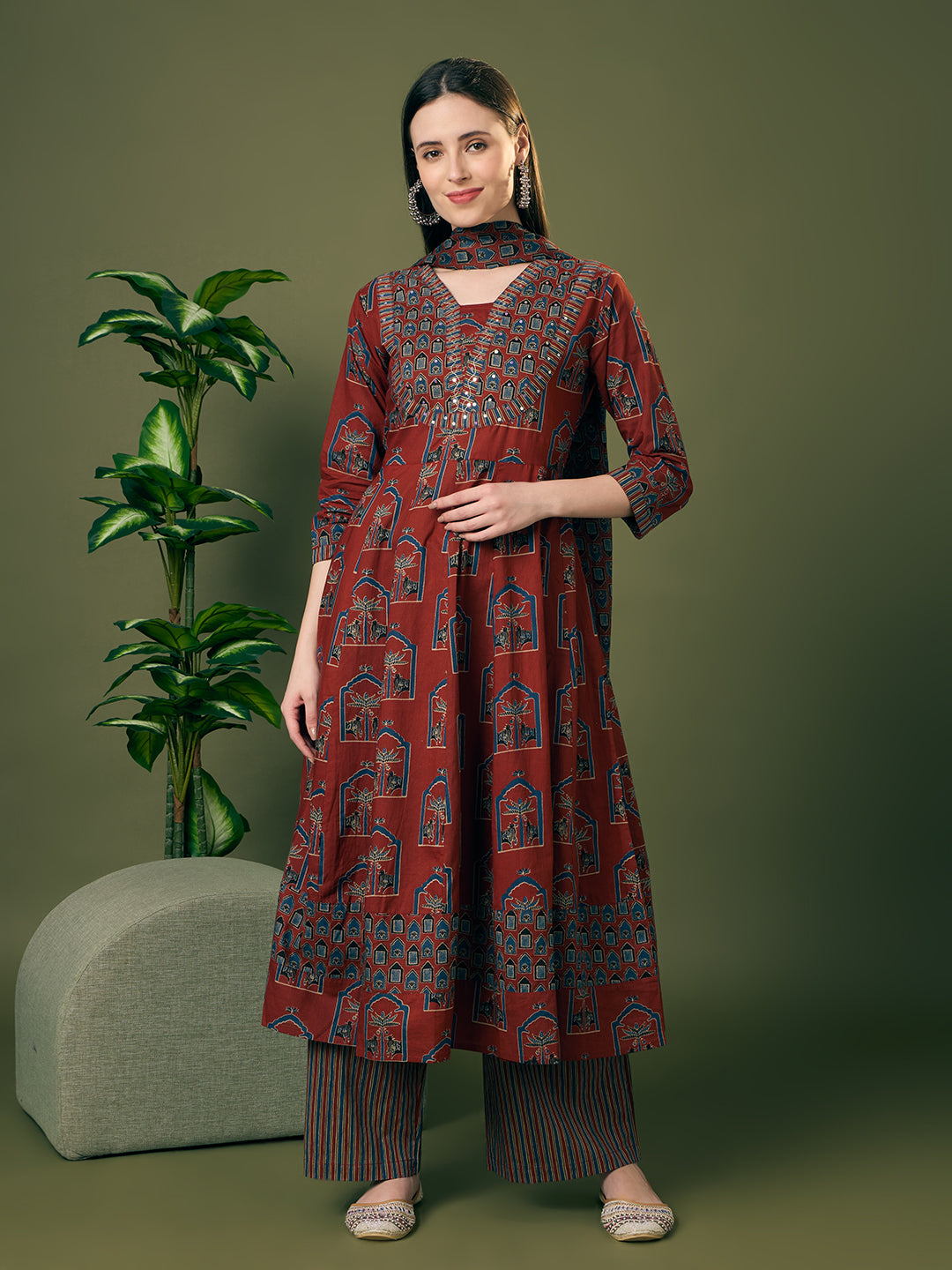 Ethnic Floral Printed Anarkali Flared Kurta with Palazzo and Dupatta - Rust