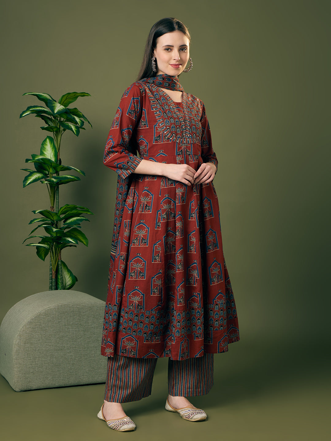 Ethnic Floral Printed Anarkali Flared Kurta with Palazzo and Dupatta - Rust