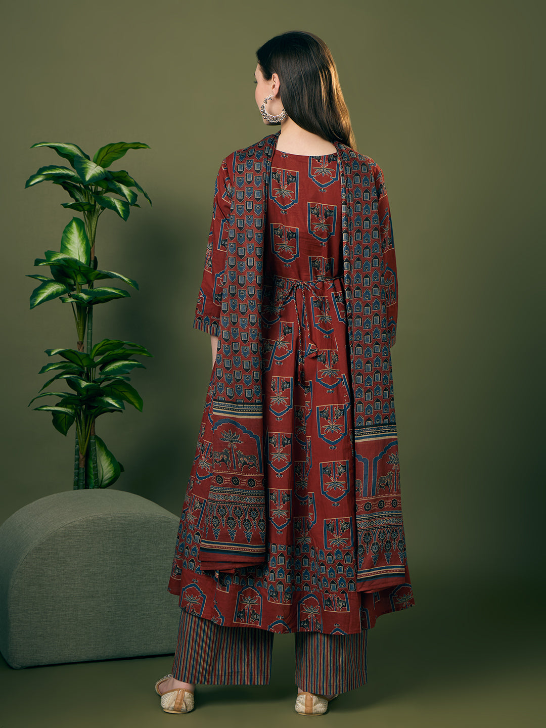 Ethnic Floral Printed Anarkali Flared Kurta with Palazzo and Dupatta - Rust