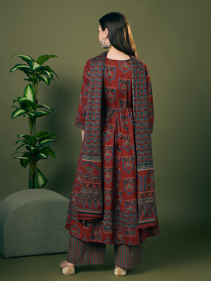 Ethnic Floral Printed Anarkali Flared Kurta with Palazzo and Dupatta - Rust