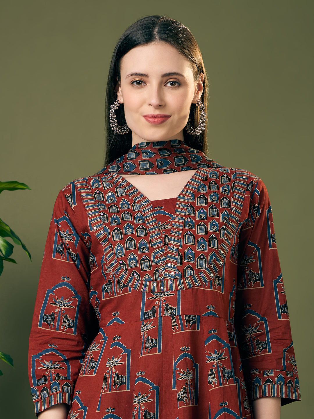 Ethnic Floral Printed Anarkali Flared Kurta with Palazzo and Dupatta - Rust