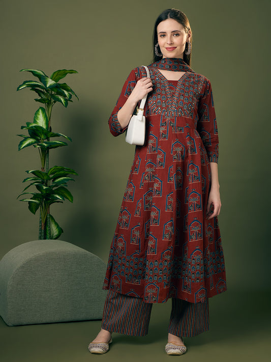 Ethnic Floral Printed Anarkali Flared Kurta with Palazzo and Dupatta - Rust