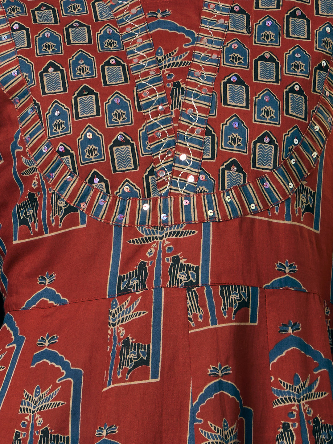 Ethnic Floral Printed Anarkali Flared Kurta with Palazzo and Dupatta - Rust