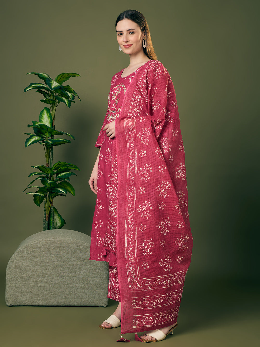 Bandhani Printed Gota Patti Work A-Line Kurta with Pant and Dupatta - Red