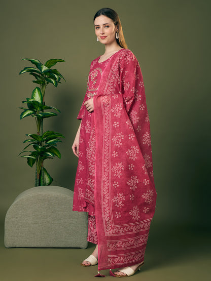 Bandhani Printed Gota Patti Work A-Line Kurta with Pant and Dupatta - Red