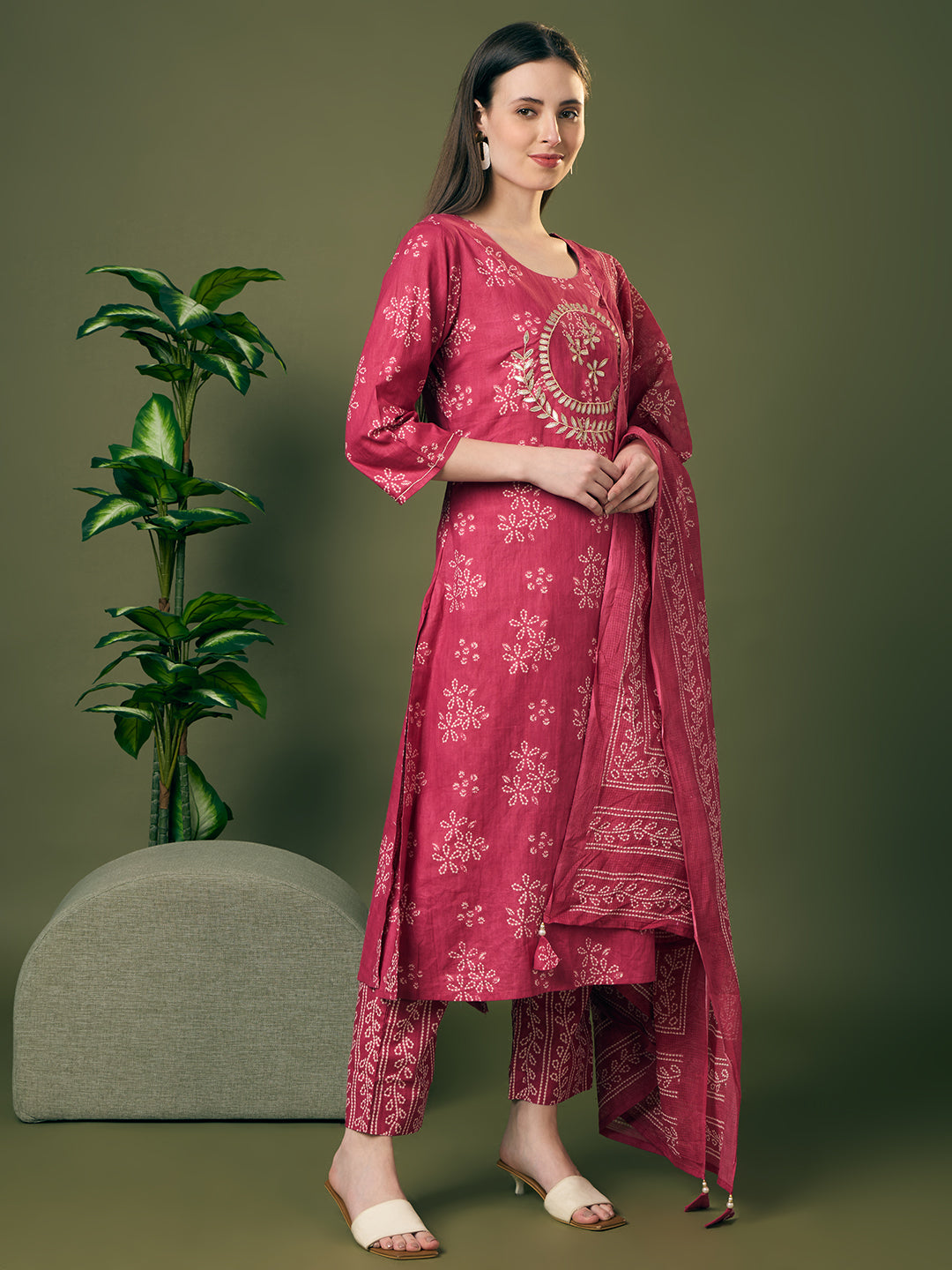 Bandhani Printed Gota Patti Work A-Line Kurta with Pant and Dupatta - Red