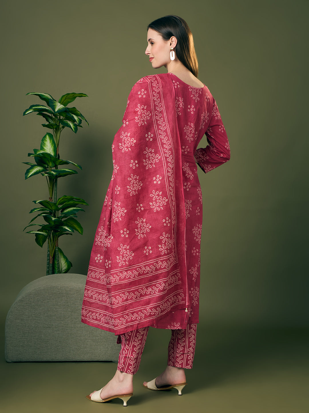 Bandhani Printed Gota Patti Work A-Line Kurta with Pant and Dupatta - Red