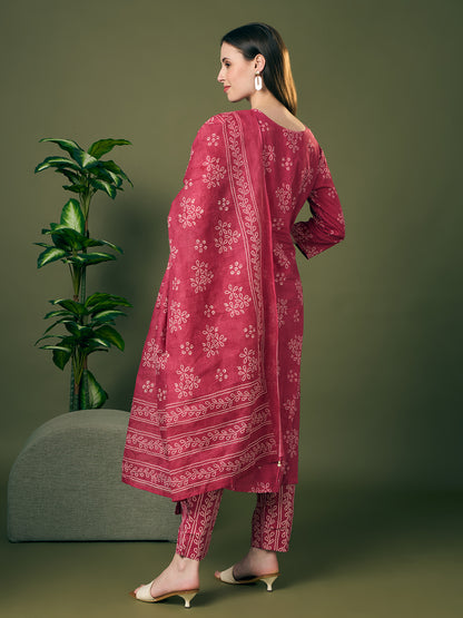 Bandhani Printed Gota Patti Work A-Line Kurta with Pant and Dupatta - Red