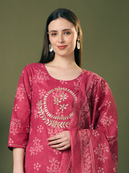 Bandhani Printed Gota Patti Work A-Line Kurta with Pant and Dupatta - Red