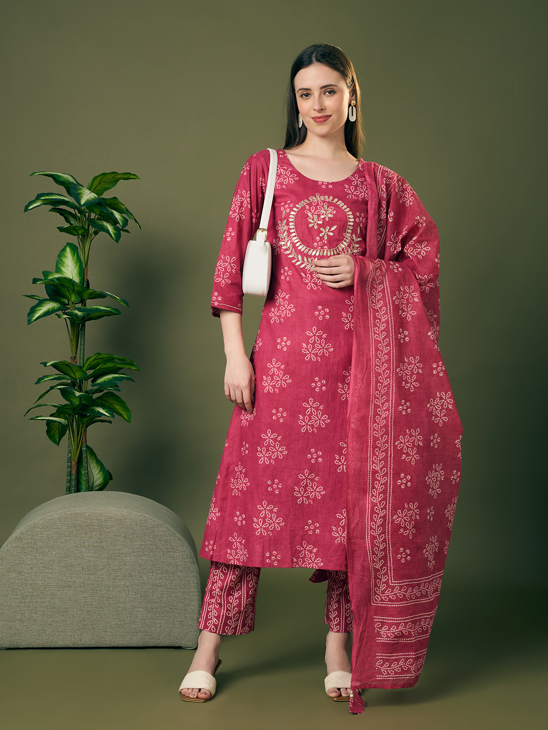 Bandhani Printed Gota Patti Work A-Line Kurta with Pant and Dupatta - Red