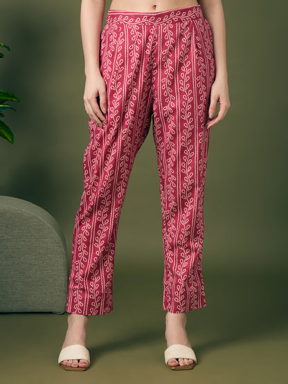 Bandhani Printed Gota Patti Work A-Line Kurta with Pant and Dupatta - Red