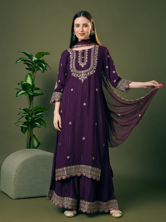 Solid Lurex Floral Embroidered Straight Kurta with Palazzo and Dupatta - Purple