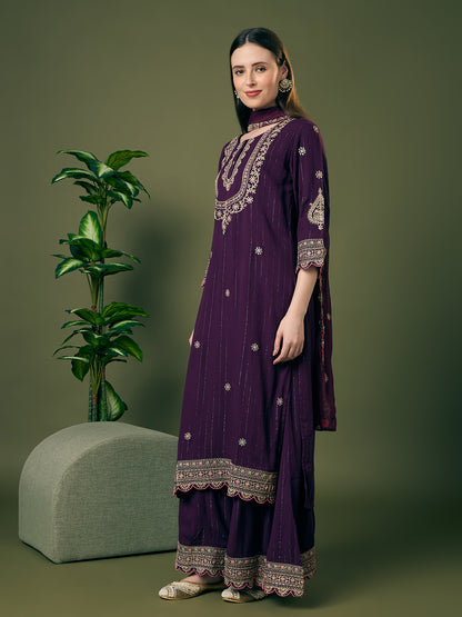 Solid Lurex Floral Embroidered Straight Kurta with Palazzo and Dupatta - Purple