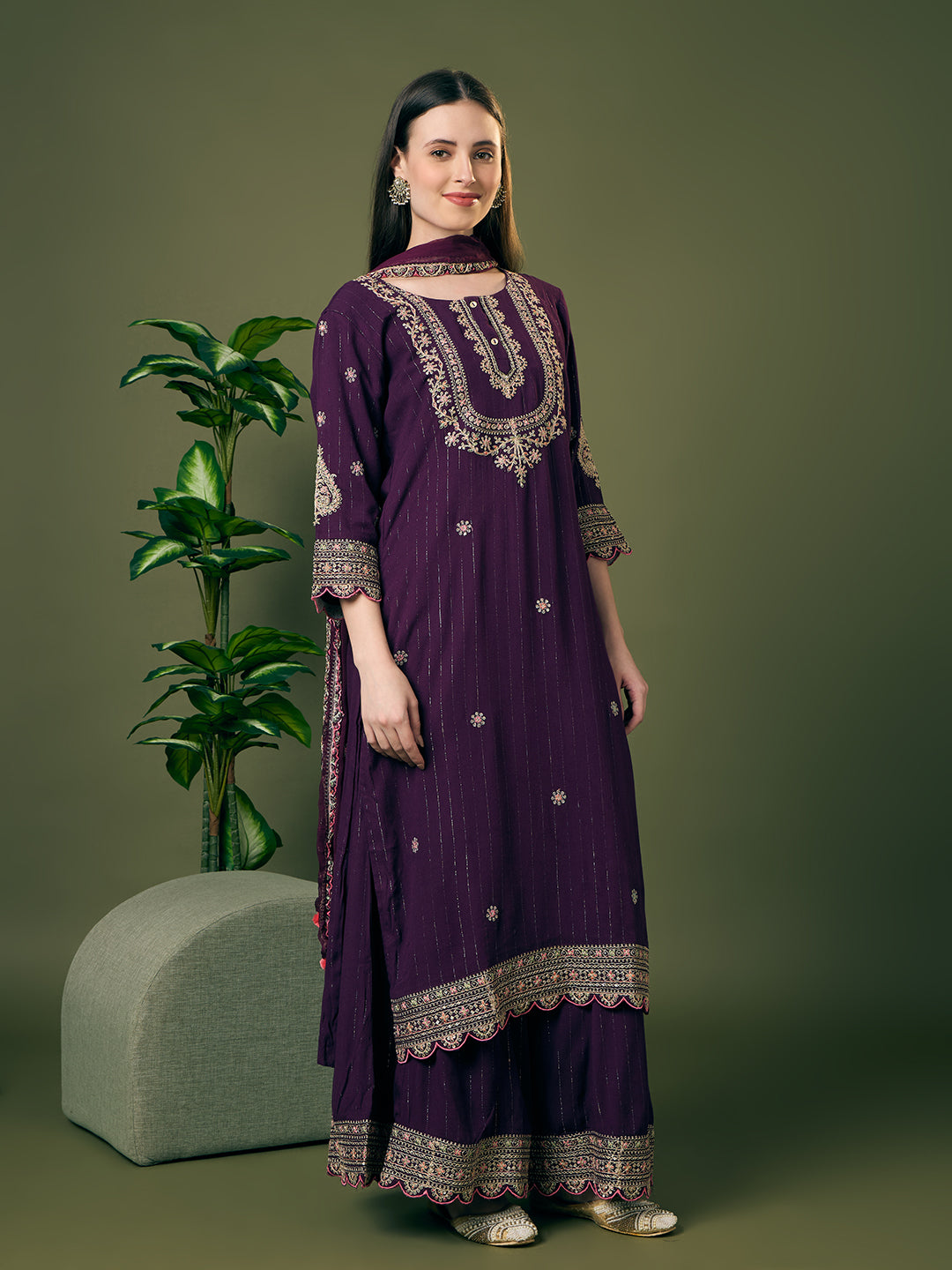 Solid Lurex Floral Embroidered Straight Kurta with Palazzo and Dupatta - Purple