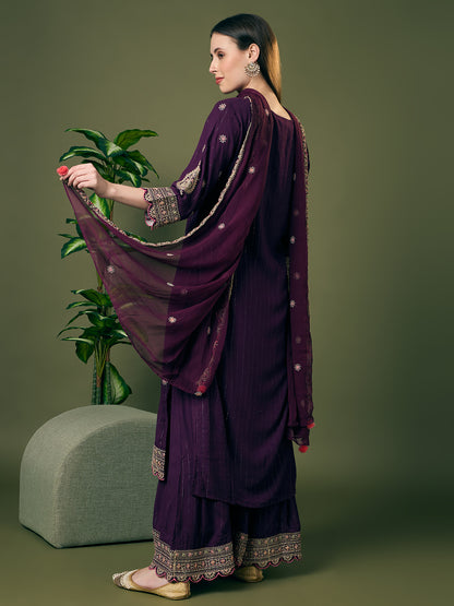 Solid Lurex Floral Embroidered Straight Kurta with Palazzo and Dupatta - Purple