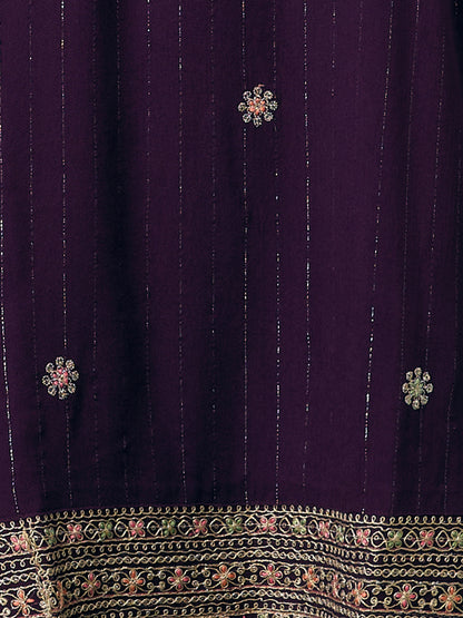 Solid Lurex Floral Embroidered Straight Kurta with Palazzo and Dupatta - Purple