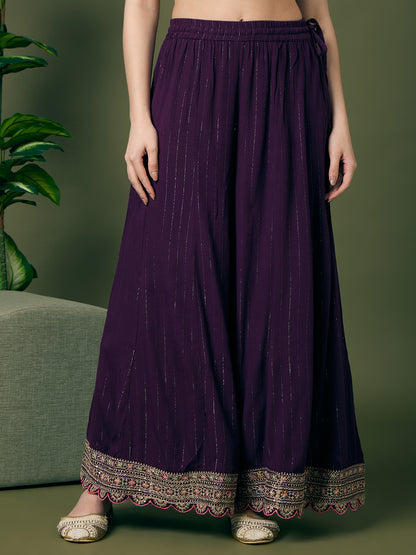 Solid Lurex Floral Embroidered Straight Kurta with Palazzo and Dupatta - Purple
