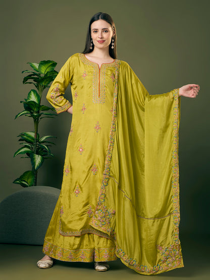 Festive Floral Embroidered Straight Fit Kurta with Flared Palazzo and Dupatta - Lime Green