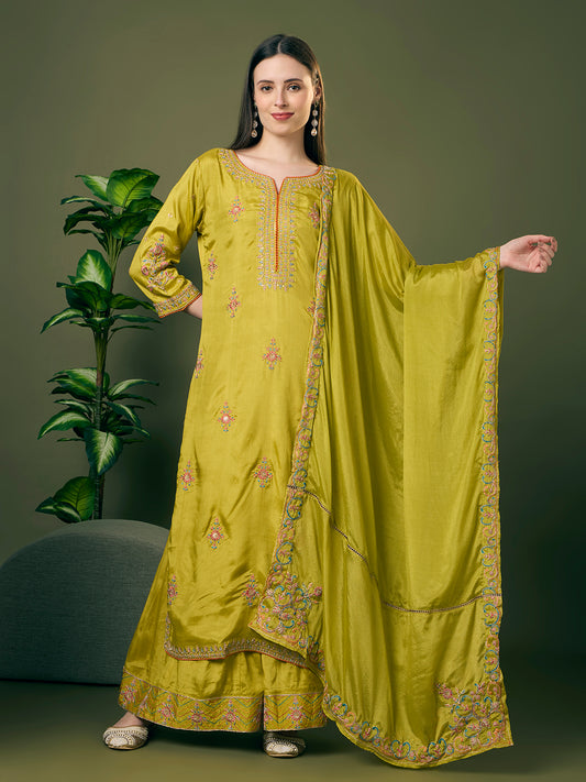 Festive Floral Embroidered Straight Fit Kurta with Flared Palazzo and Dupatta - Lime Green