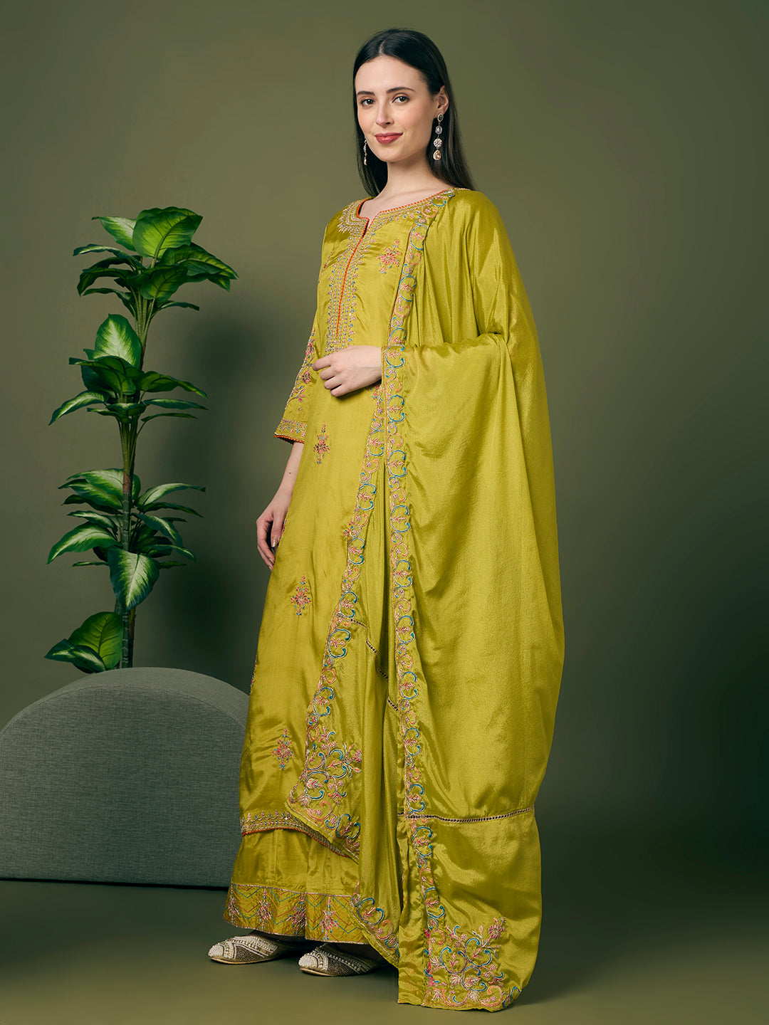 Festive Floral Embroidered Straight Fit Kurta with Flared Palazzo and Dupatta - Lime Green