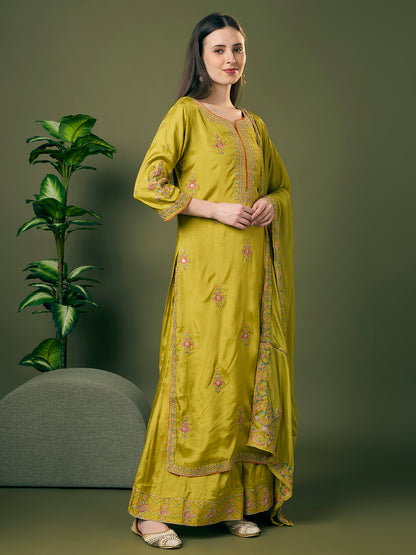 Festive Floral Embroidered Straight Fit Kurta with Flared Palazzo and Dupatta - Lime Green