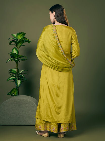 Festive Floral Embroidered Straight Fit Kurta with Flared Palazzo and Dupatta - Lime Green