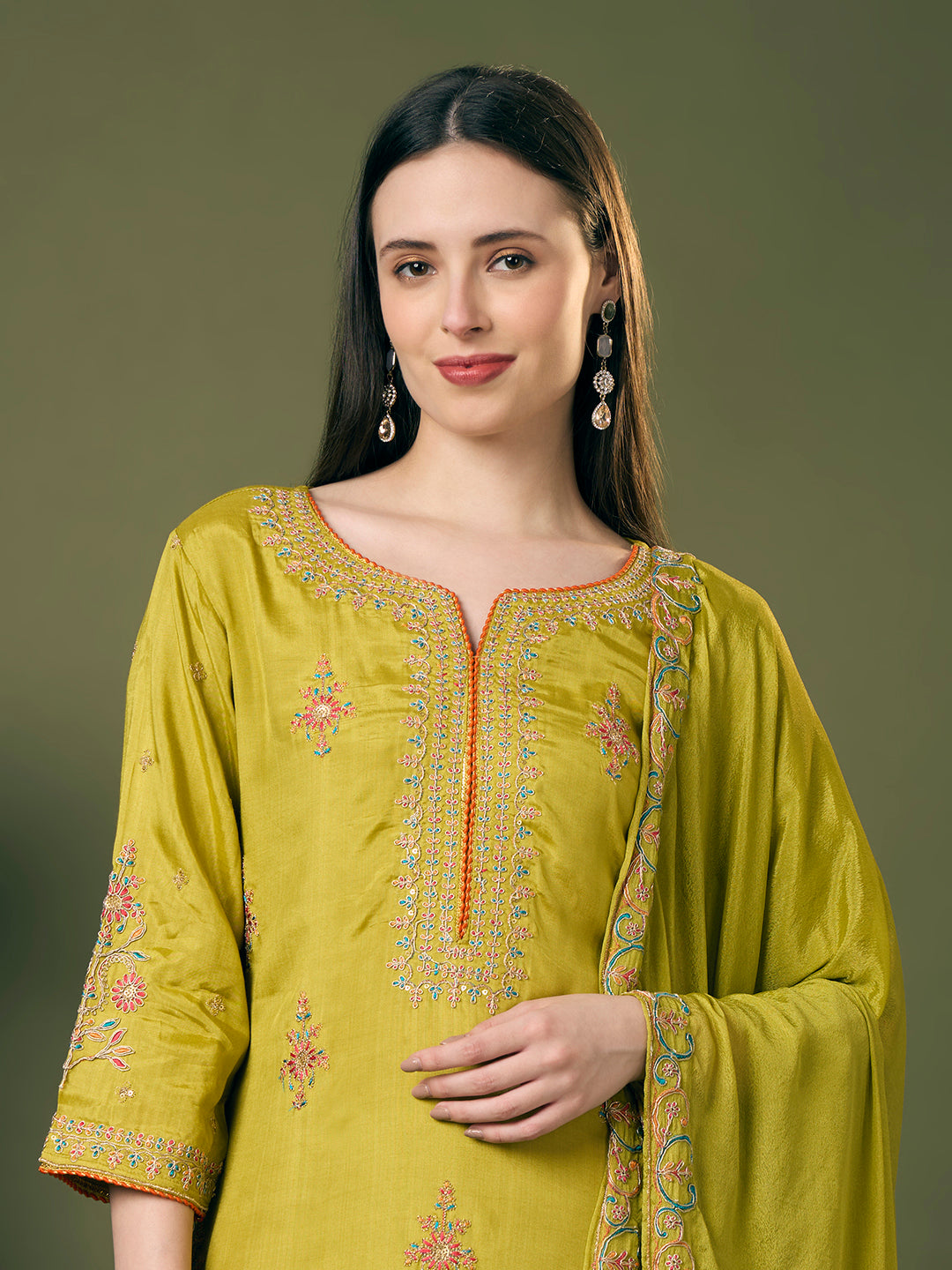 Festive Floral Embroidered Straight Fit Kurta with Flared Palazzo and Dupatta - Lime Green