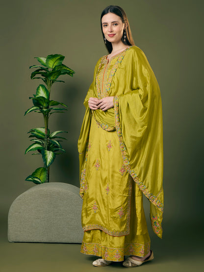Festive Floral Embroidered Straight Fit Kurta with Flared Palazzo and Dupatta - Lime Green
