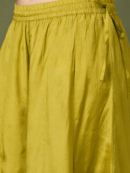 Festive Floral Embroidered Straight Fit Kurta with Flared Palazzo and Dupatta - Lime Green