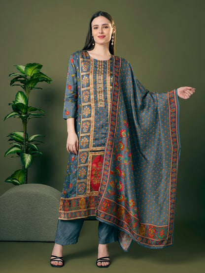 Festive Floral Printed & Embroidered Straight Kurta with Pant & Dupatta - Grey