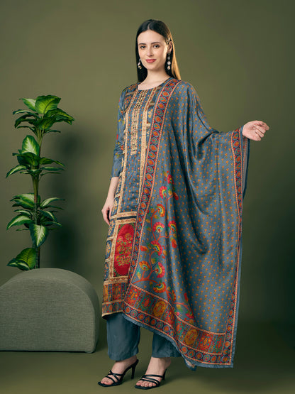 Festive Floral Printed & Embroidered Straight Kurta with Pant & Dupatta - Grey