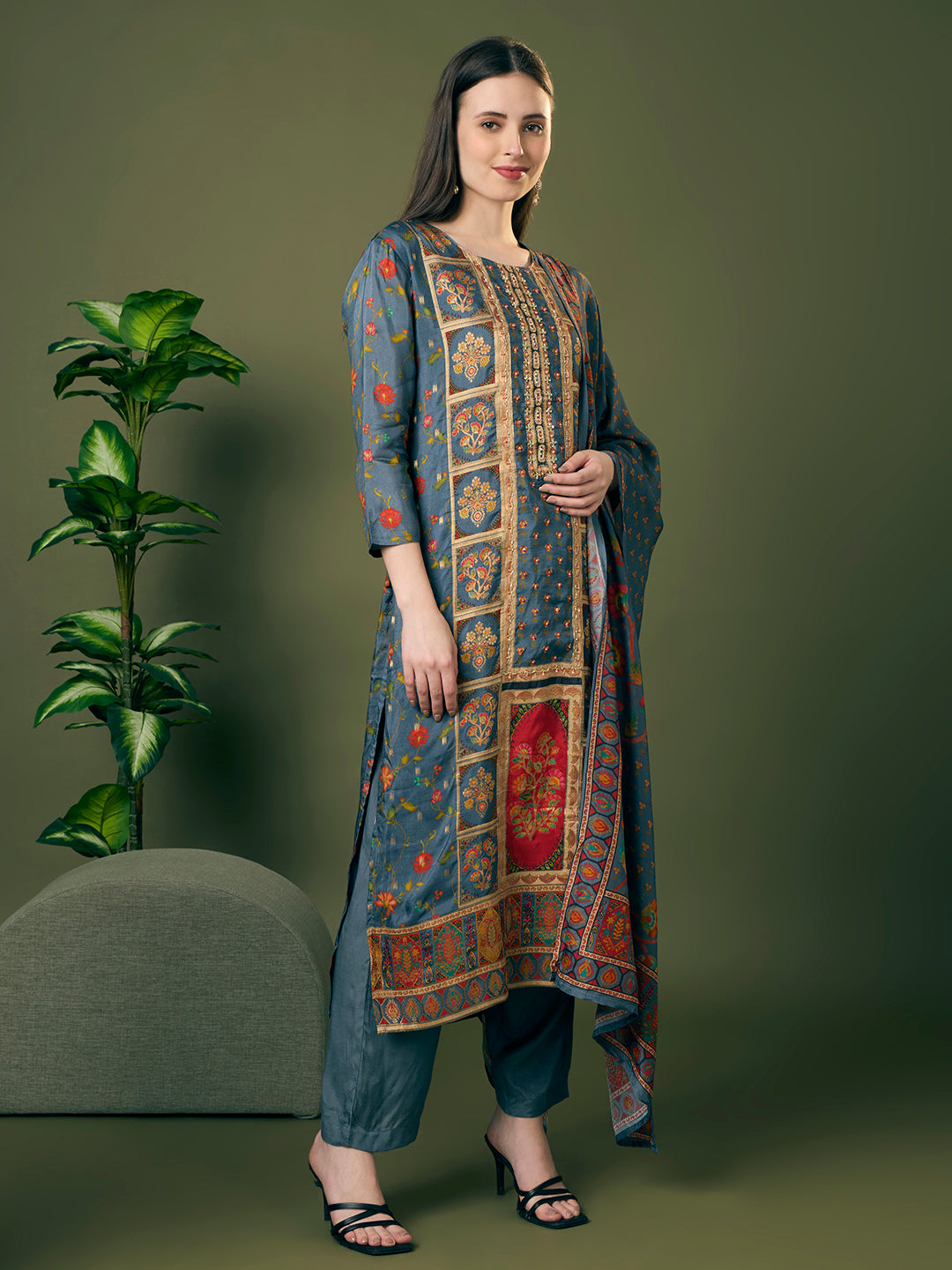 Festive Floral Printed & Embroidered Straight Kurta with Pant & Dupatta - Grey