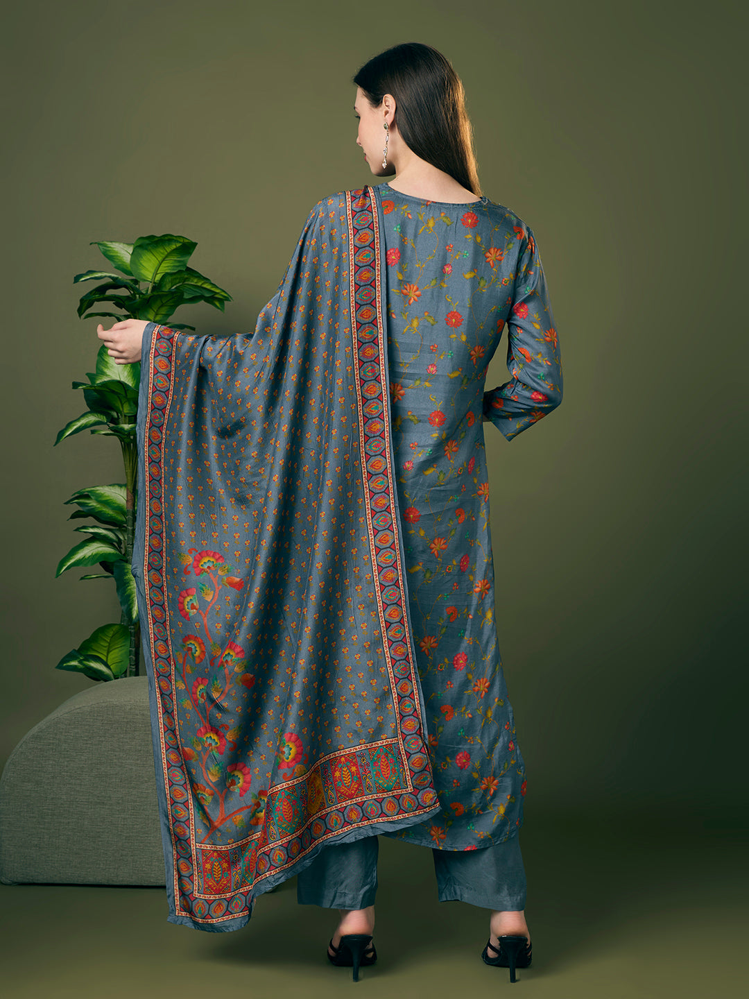 Festive Floral Printed & Embroidered Straight Kurta with Pant & Dupatta - Grey