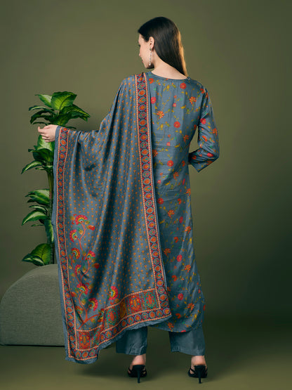 Festive Floral Printed & Embroidered Straight Kurta with Pant & Dupatta - Grey