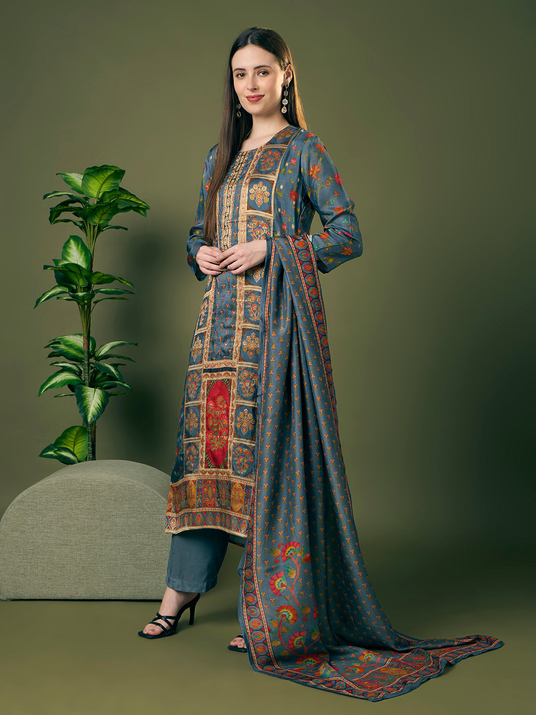 Festive Floral Printed & Embroidered Straight Kurta with Pant & Dupatta - Grey