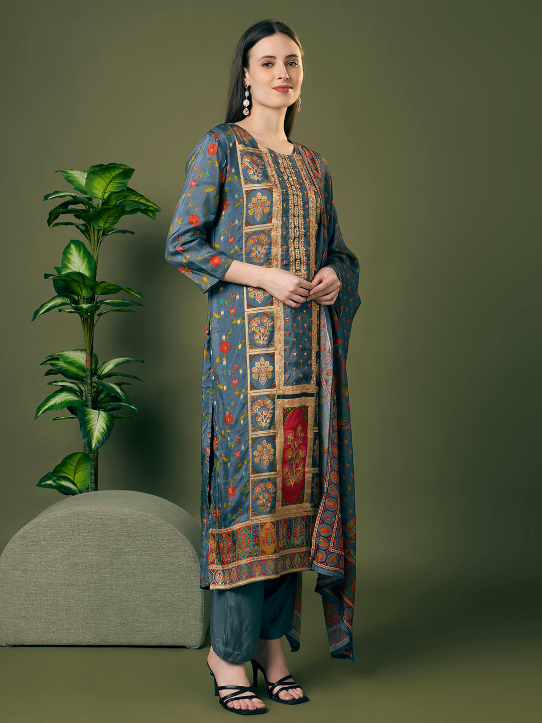 Festive Floral Printed & Embroidered Straight Kurta with Pant & Dupatta - Grey