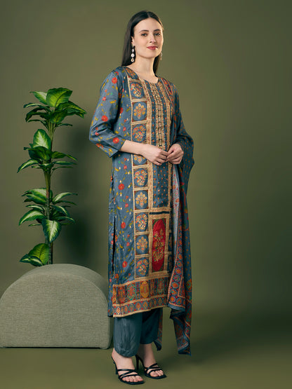 Festive Floral Printed & Embroidered Straight Kurta with Pant & Dupatta - Grey
