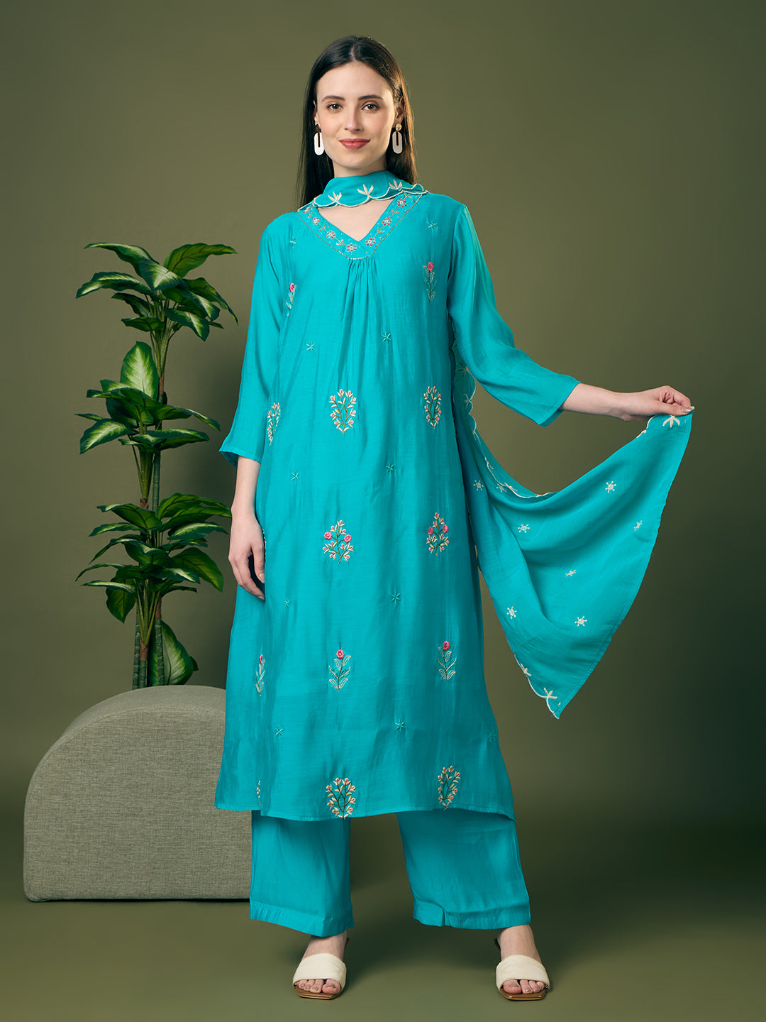 Solid Threadwork Embroidered A-Line Kurta with Palazzo & Dupatta - Turquoise Blue