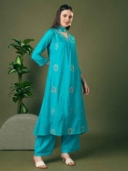 Solid Threadwork Embroidered A-Line Kurta with Palazzo & Dupatta - Turquoise Blue