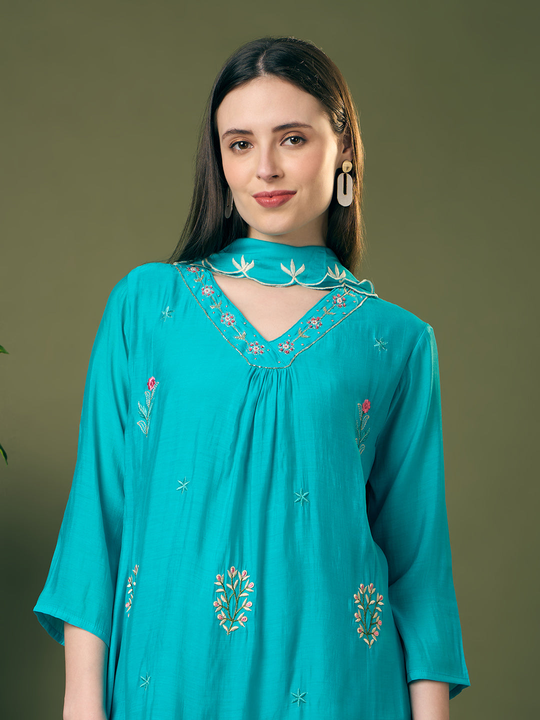 Solid Threadwork Embroidered A-Line Kurta with Palazzo & Dupatta - Turquoise Blue
